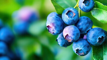 Canvas Print - Ripe Blueberries on Branch with Green Leaves