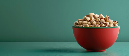 Canvas Print - Delicious organic pistachios in a red bowl on a green table with copy space