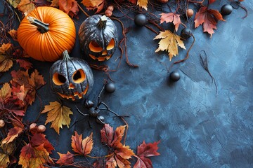 Wall Mural - A dark styled background with pumpkins, autumn leaves, and Halloween decorations, creating a festive ambiance.