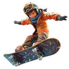 3D Cartoon Young Man Snowboarding in Action Isolated on Transparent or White Background, PNG