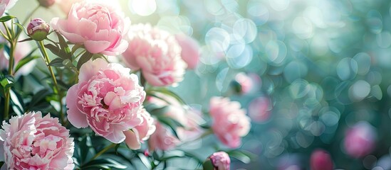 Wall Mural - Blooming light pink peony flowers in the garden a natural seasonal floral backdrop with copy space