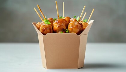 Sticker - Chicken skewer grilled food on brown paper disposable delivery bowl in white table