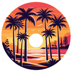 Sunset tropical beach vector illustration, orange and purple, perfect for travel posters