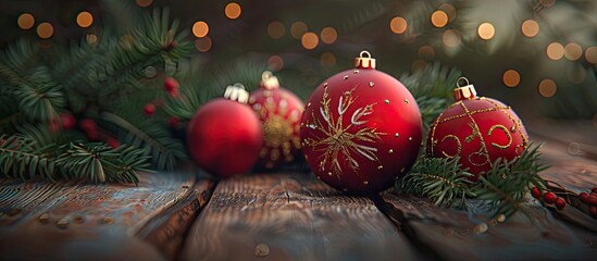 Wall Mural - Beautiful festive Christmas backdrop New Year s celebrations Christmas festivities Lovely Christmas ornaments on a wooden surface. Copy space image. Place for adding text and design