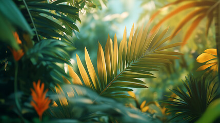 Poster - Green fresh jungle leaves palms pattern background