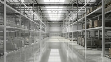 Industrial warehouse with goods stored in transparent containers