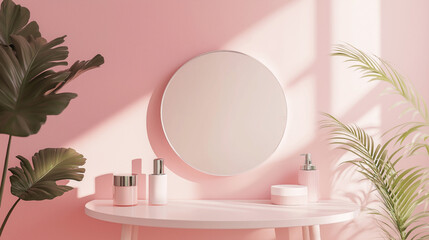 Poster - Empty minimalistic room with empty stage podium place for product placement and design - best place for cosmetics products mock up with soft light and shadows with leaves and bottles