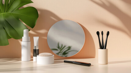 Poster - Empty minimalistic room with empty stage podium place for product placement and design - best place for cosmetics products mock up with soft light and shadows with leaves and mirror