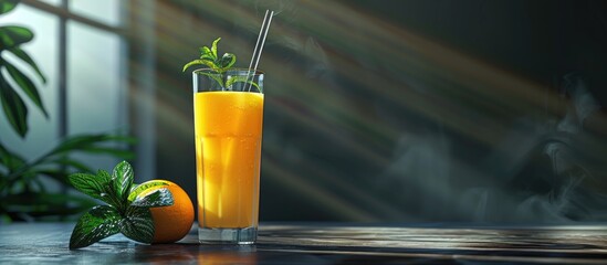 Sticker - A glass of freshly squeezed orange juice with a straw and mint in the background Front view vertical image copyspace