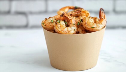 Wall Mural - Grilled shrimps on craft carton box meal delivery order on restaurant