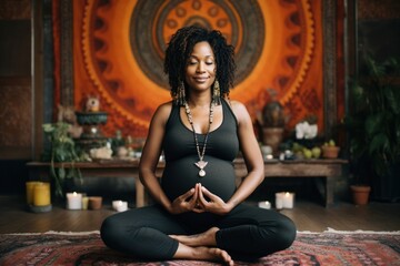 Poster - Black pregnant woman yoga sitting sports.