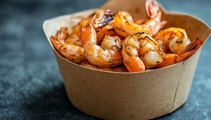 Poster - Grilled shrimps on craft carton box meal delivery order on restaurant