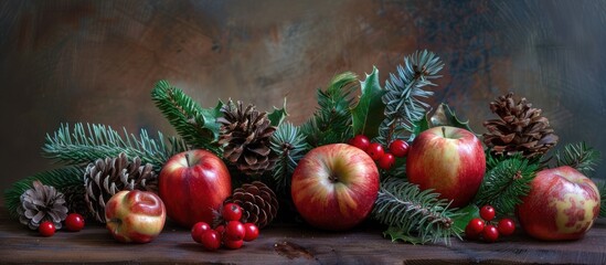 Poster - Christmas themed still life featuring apples and pine cones. Copy space image. Place for adding text and design