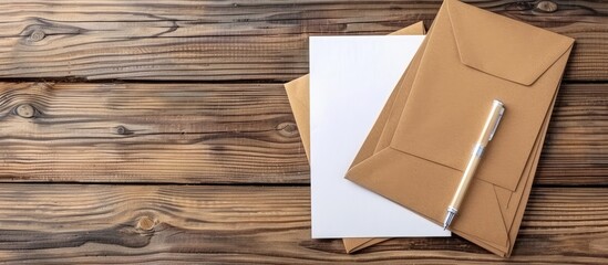 Wall Mural - Notebook envelopes and pen on a wooden table Top view. Copy space image. Place for adding text and design