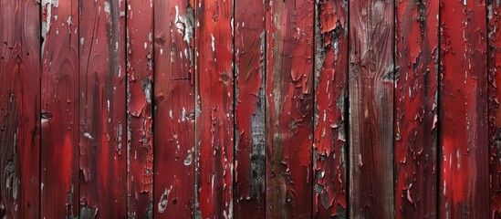 Poster - Brown old wood painted in a dark red hue is peeling away revealing the wood grain and various colors underneath. Copy space image. Place for adding text and design