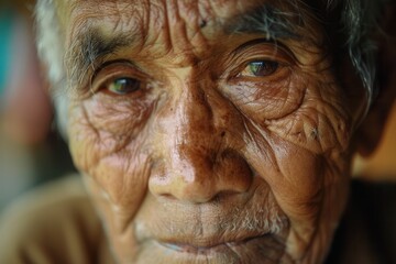 Aufkleber - An elderly man from diverse ethnic backgrounds displays a profound sense of wisdom and tranquility, with deep-set eyes and intricate facial lines revealing his life experiences. Generative AI