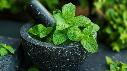 Canvas Print - Fresh Mint in a Stone Mortar