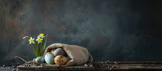 Wall Mural - Easter eggs in a jute bag alongside narcissus and catkin on a wooden board. Copy space image. Place for adding text and design