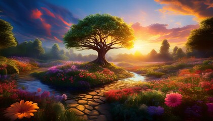 Wall Mural - garden of eden with tree of life, garden at sunset, generative ai