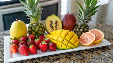 Wall Mural - Exotic fruit arrangement on a glossy white plate