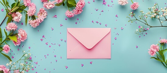 Wall Mural - Pink envelope and flowers on a blue background top view flat shot. Copy space image. Place for adding text and design