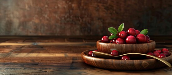 Poster - Ripe wild cranberries served in wooden plates with a spoon and bowl Brown wooden backdrop front view Copy space