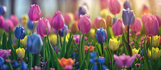 Poster - Floral background a vibrant spring lawn featuring a mix of tulips and bluebell flowers toned. Copy space image. Place for adding text and design