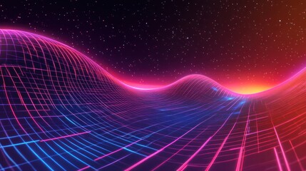 Poster - Abstract Digital Landscape with Neon Grid and Stars