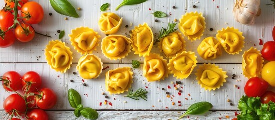 Sticker - Tortellini and vegetables on a white wooden surface. Copy space image. Place for adding text and design