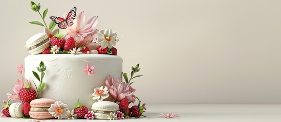 Canvas Print - Lovely white cake adorned with flowers macaroons a butterfly and a strawberry. Copy space image. Place for adding text and design