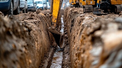 Excavator Digging a Trench in Construction Site