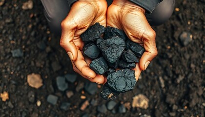 Rough black coal chunks held in a person's hands, surrounded by dirt and debris miner or minning concept created with generative ai