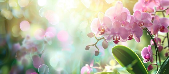 Wall Mural - Pink Phalaenopsis or Moth Dendrobium orchid in a tropical garden during winter or spring Floral nature background with a selective focus Agricultural idea concept design featuring copyspace for adding