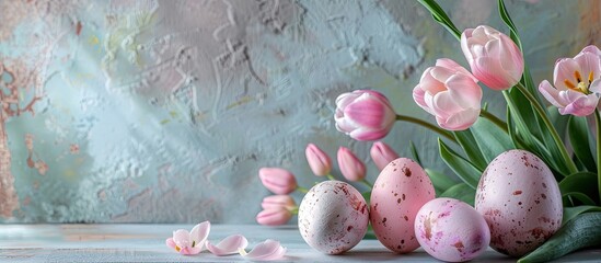 Poster - Easter decor featuring pink eggs and tulips. Copy space image. Place for adding text and design