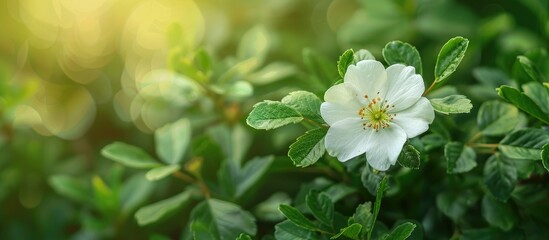 Poster - Blooming white moss rose also known as purslane flower with a background of green leaves. Copy space image. Place for adding text and design