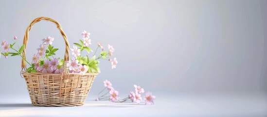 Wall Mural - Wicker basket adorned with lovely flowers on a light background with space for text Easter decoration. Copy space image. Place for adding text and design