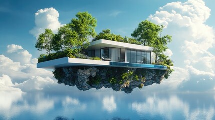 modern luxury house with green trees floating on water, futuristic concept