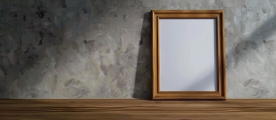 Poster - Photo frame on a wooden surface against a gray wall background. Copy space image. Place for adding text and design