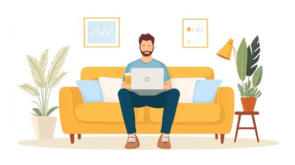 Poster - Remote work, laptop and man on sofa with drink, blog and company review at home. Male person, small business and technology in living room. copy space for text.