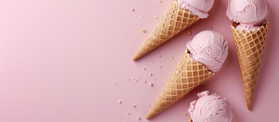 Canvas Print - Ice cream cones viewed from above minimal flat lay arrangement with copyspace