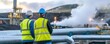 © Samon - Two industrial workers wearing safety gear inspect pipelines at a geothermal power plant with steam rising in the background.