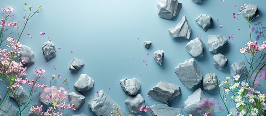 Poster - Gray limestone pieces on a blue background with flowers. Copy space image. Place for adding text and design