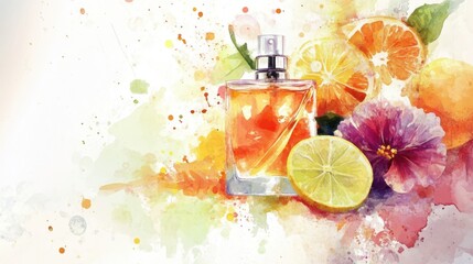 Signature scent, abstract floral and citrus notes, watercolor style