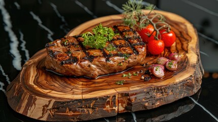 Juicy meat steak with artistic grill marks on a wooden board