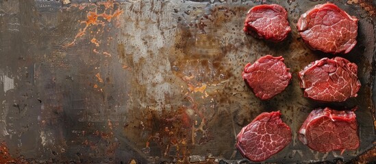 Sticker - raw beef steaks on a rustic metal surface. Copy space image. Place for adding text and design