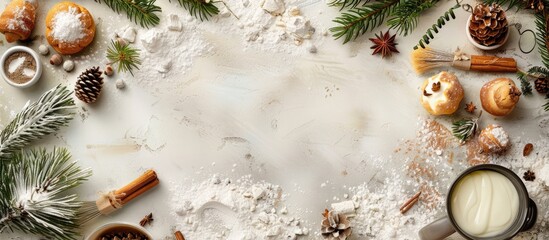 Poster - Christmas and New Year backdrop featuring baking ingredients cones and fir branches Flat lay Copyspace