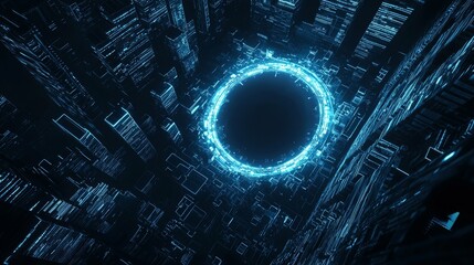 Wall Mural - On a blue background of dots and microchips, a sci-fi circle circuit hud is rendered.