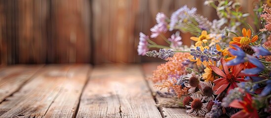 Poster - close up of a wildflower bouquet set against a wooden background selective focus space for text. cop