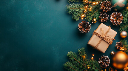 festive christmas flat lay featuring wrapped gift, pinecones, ornaments, and evergreen branches on a