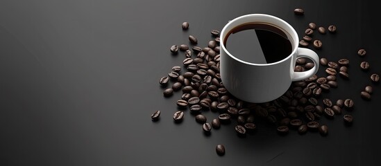 Poster - A cup of black coffee with coffee beans surrounding it. Copy space image. Place for adding text and design